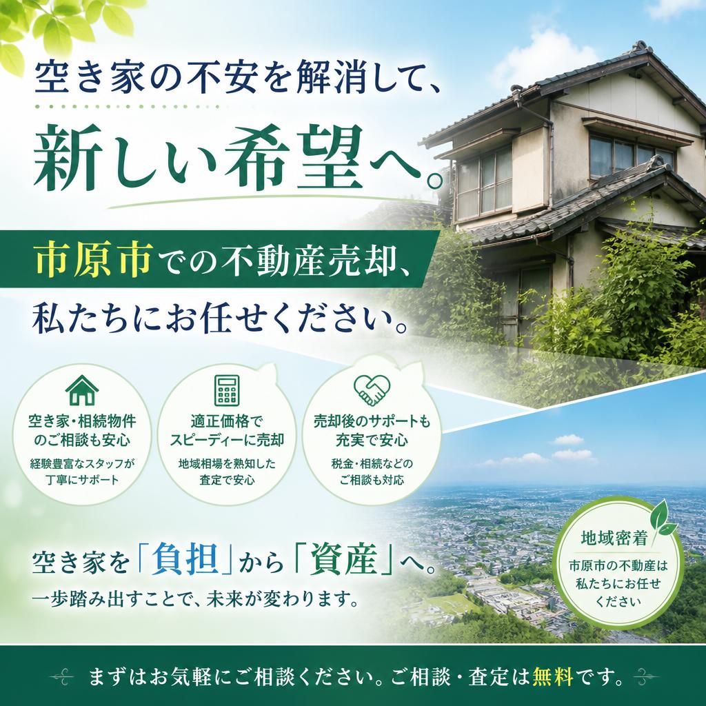 空き家の不安を解消して、新しい希望へ。市原市での不動産売却、私たちにお任せください。